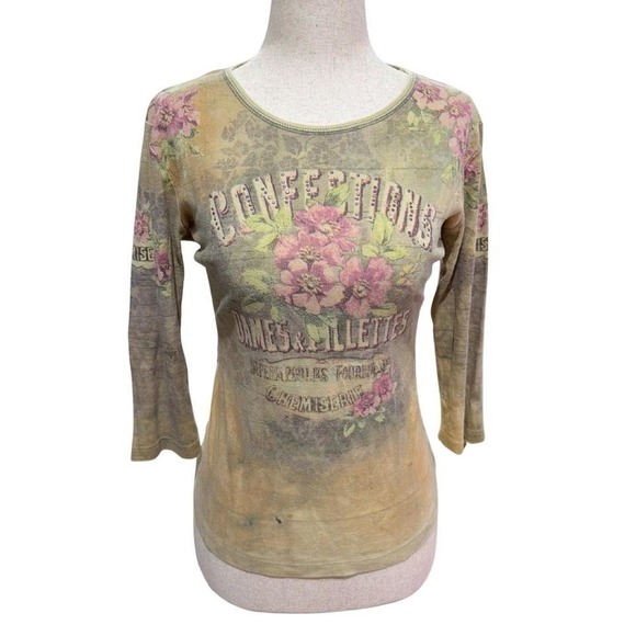 Tops - 90's Y2K Cyber Grunge Cherry Blossom Floral Print 3/4 Sleeve Distressed Top